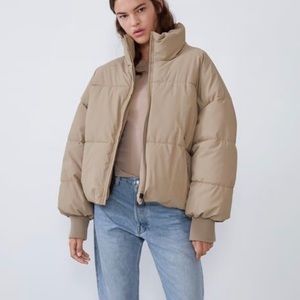 Zara Drop Shoulder Beige Puffer Jacket